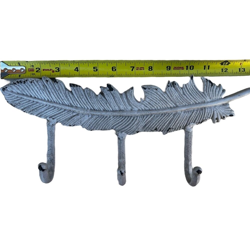 Cast Iron Feather Shaped Wall Hook Rack With 3 Hooks White Sturdy Build - Picture 3 of 6